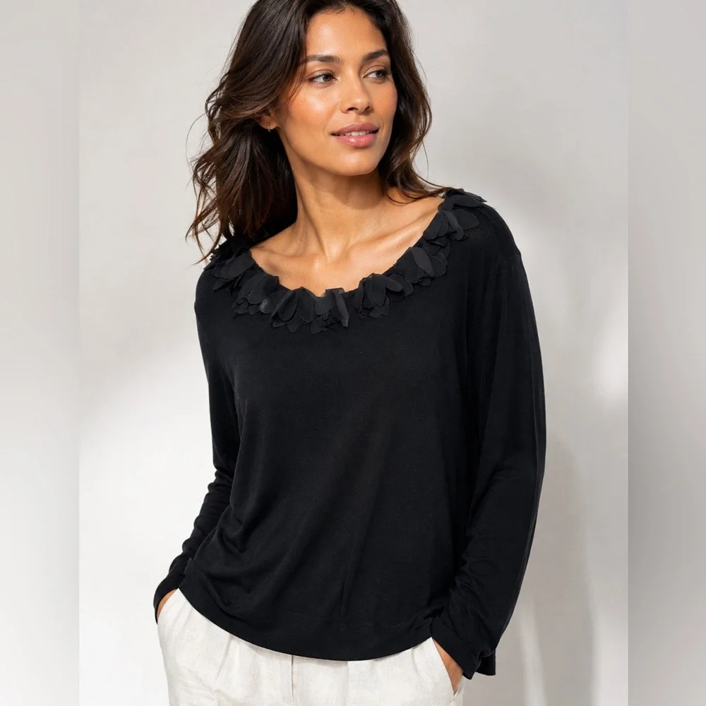 Boden Black Sweater Floral Applique‎ Neckline
